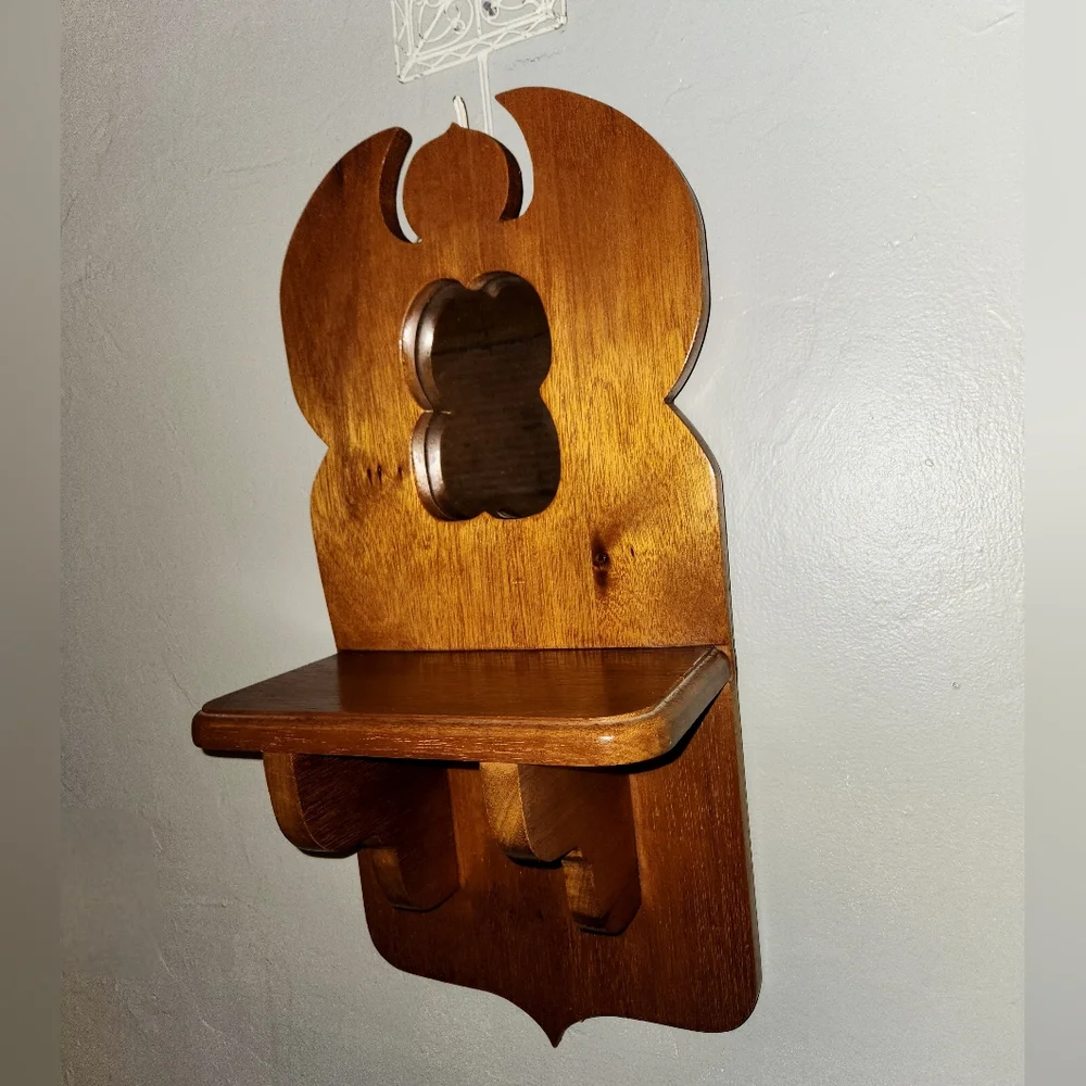 🔨 Vintage 1950s Wooden Angel Mirrored Shelf Wall